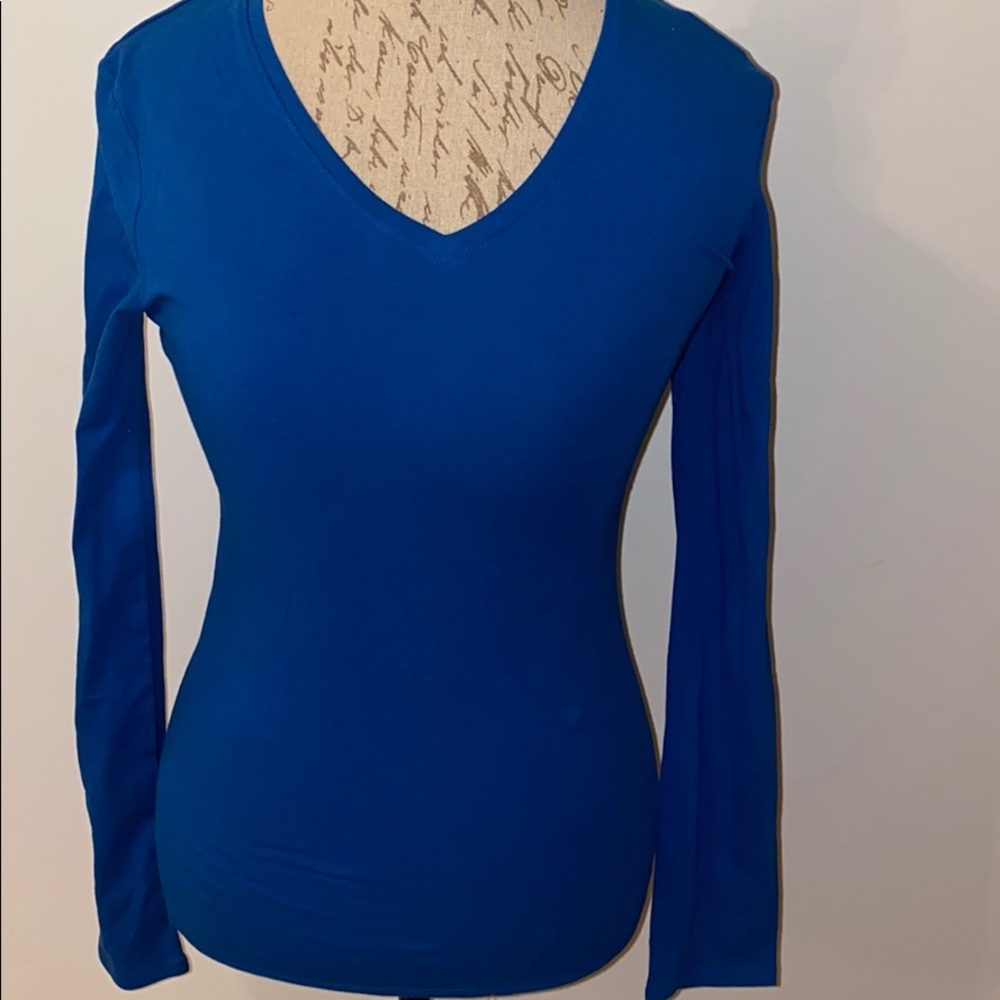 V neck blue top polyester & spandex